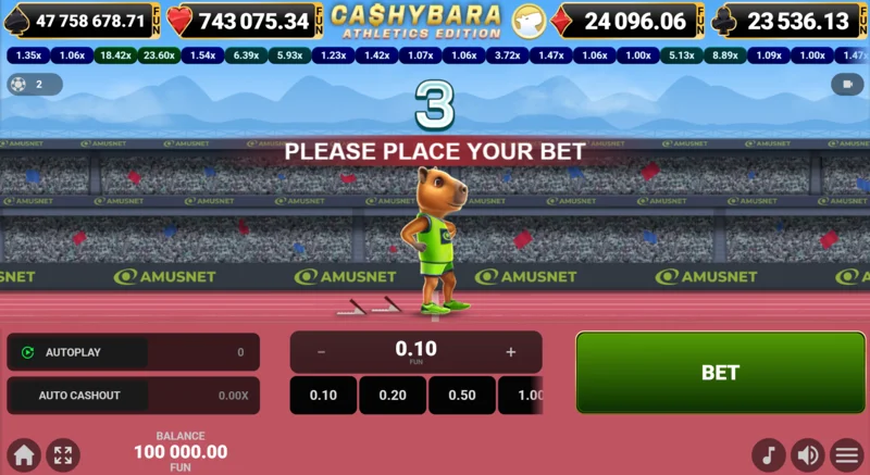 Cashybara Athletics Edition - skrini kuu ya mbio na kikokotoo cha Odds